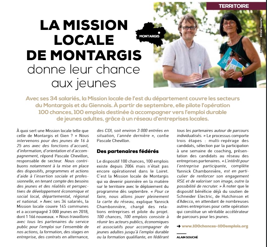 100 Chances 100 Emplois sur Montargis : article paru ce jour dans le magazine Acteurs de l’Éco N°22